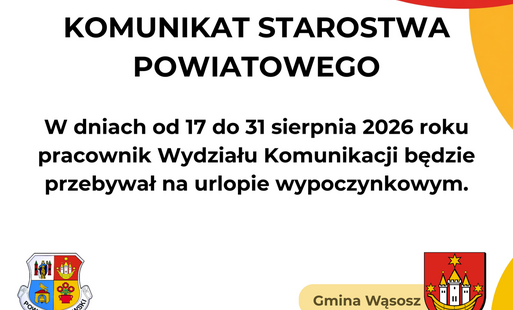 Zmiany w pracy Wydziału Komunikacji w Wąsoszu (17–31 sierpnia)