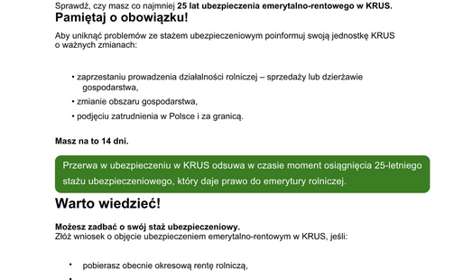 Informacja od Kasy Rolniczego Ubezpieczenia Społecznego (KRUS) przypominająca o zasadach przechodzenia na emeryturę rolniczą: